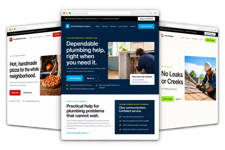 Joe’s Pizza, Acme Plumbing, and Tims Roofing website demos created by Web Vortex LLC.